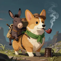 An anthropomorphic corgi with a smoking pipe and a green scarf around his neck dressed as a wandering salesman in a fantasy setting. He has a miniature donkey loaded up with all of his wares, dreamscape, dramatic lighting, fantasy art illustration, trending on artstation, Aetherpunk