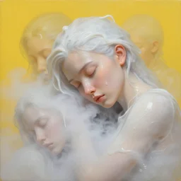 3 d, close - up, ice, liquid white oil, sleepy fashion model, light fog, smoke, plastic, poster art, high detail, intricate oil painting, multiple exposure, deep yellow mood, hyperrealism, 3 d, by tooth wu and wlop and beeple and greg rutkowski