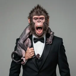 a formal portrait photograph of a screaming man transforming into a hairless baboon