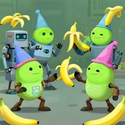 : aliens fighting robots with bananas while wearing funny hats
