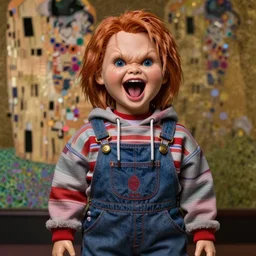 a masterpiece ultrarealistic ultradetailed portrait of a incredibly beautiful screaming chucky doll in oversized high fashion hoodie. medium shot, intricate, elegant, highly detailed. trending on artstation, digital art, by stanley artgerm lau, wlop, rossdraws, andrei riabovitchev, marc simonetti, yoshitaka amano. background by and gustav klimt, light by julie bell, 4 k, porcelain skin.