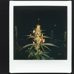 field of cannabis on ( ( fire ) ) at night, polaroid