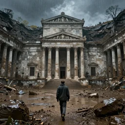 pov one man walking in a giant ancient neoclassical building, troglodyte temples in a deep pit, high quality, mud, rain, by night, by andrei rublev