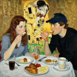 a painting of two people eating breakfast, one is female asa Butterfield mixed with pam beesly, the other is a man wearing a baseball cap, by gustav klimt