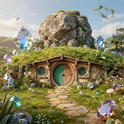 hobbiton landscape with huge jewels all around, fantasy, rock, high detail