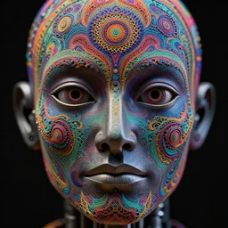symmetrical close up roboter face with eyes and mouth, black background, shaman, colorful, psychedelic trip, patterns, fine mandelbrot fractal lace, 1 5 0 mm, soft rim light, elegant, hyper real, depth of field, sharp focus, ultra detailed, octane render, giger beksinski, 1 6 k - n 4