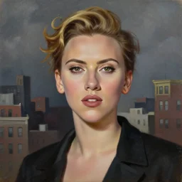 scarlett johansson, detailed almond eyes shape, dressed in beatnik style, buildings, dark clouds, stylish, greg hildebrandt fancy new york oil painting high quality