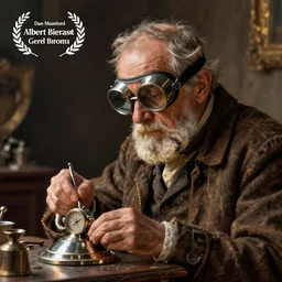 The watchmaker by Albert Bierstadt and Gerald Brom and Dan Mumford, Metallic objects, old man, goggles, low light