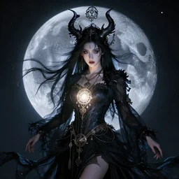 portrait of moon witch, beautiful, attractive, glowing, jaw dropping, magical, dynamic lighting, dark, menacing, 4 k, octane render, age 2 0, background moon, intricate and ornate, wearing talisman