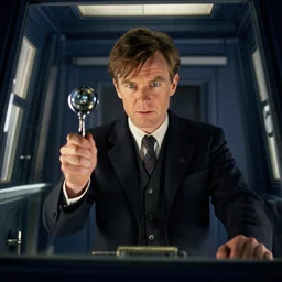 film still of hugh laurie as doctor who holding the sonic screwdriver inside the tardis cockpit in the new doctor who series, 4 k