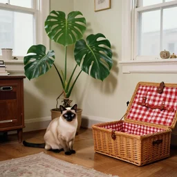 artsy cinematography still of siamese cat with monstera and picnic basket in a 1 9 6 0 s brooklyn apartment