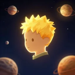 the little prince, face icon, stylized, minimalist, portrait, by loftis cory, behance, hd, by jesper ejsing, by rhads, makoto shinkai and lois van baarle, by ilya kuvshinov, global illumination, rimlight, bokeh, octane render, dark sky in background, little planets, suns, moons