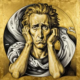 M. C. Escher looking puzzled painted by tom bagshaw, mobius, mucha M. C. Escher, gold paint, ink, gnarly details