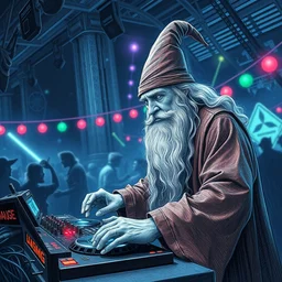 portrait of gandalf from lord of the rings djing in super party night, establishing shot, extremely high detail, foto realistic, cinematic lighting, pen and ink, intricate line drawings, post processed, concept art, artstation, matte painting, style by raphael lacoste, eddie mendoza