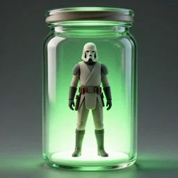 luleo primoc from star wars, in a greenly lit glass jar