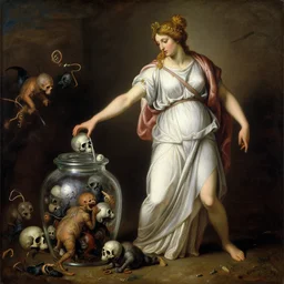 a painting of pandora opening her jar, releasing critters that impersonate sickness and death in the style of realism, greek mythology, she is dressed