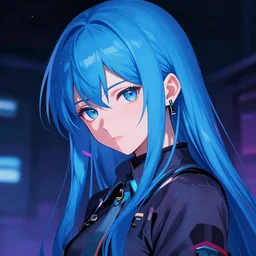 portrait of a blue haired cyberpunk anime girl shyly looking at camera, by Masakazu Katsura