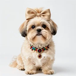 cream - colored havanese dog wearing an ornate african necklace, a large headpiece made from flowers, soft light colored background, intriguing pose, magazine fashion photo by annie leibovitz