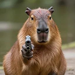 angry capybara with a gun pointing at the camera