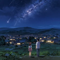 a stunning meteor shower over a rural japanese town, incredible lighting, anime key visual, lois van baarle, ilya kuvshinov, rossdraws, artstation