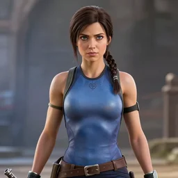 cinematic still of lara croft in alita : battle angel ( 2 0 1 9 ), xf iq 4, f / 1. 4, iso 2 0 0, 1 / 1 6 0 s, 8 k, raw, dramatic lighting, symmetrical balance, in - frame