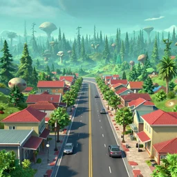 main street of a small town on an alien planet with an alien forest in background, from a space themed Serria point and click 2D graphic adventure game, made in 1999, high quality graphics