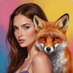 painting of [ hybrid between megan fox & fox ], intercrossed human & animal, human face with fox whiskers and ears, half of the face has no skin at all, trending on art - station, 8 k, mixture, by zdzislaw beksinski, logical anatomy, bright hue's, vibrant tone gradient background, concept art, beautiful composition, digital painting,
