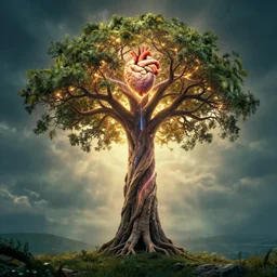 the tree of life brain heart holy grail, cinematic masterpiece, beautiful lighting