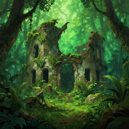 A beautiful illustration of A forgotten ruin in an overgrown jungle inspired by H.P.Lovecraft's at the mountains of madness, detailed, 4k, vivid colors, green atmosphere by greg rutkowski, Trending on artstation