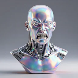 3d render of holographic angry human robotic angry bust made of glossy iridescent, angry, bust, body made of thin silver chain, a lot of thin silver chains, surrealistic 3d illustration of a human non-binary , non binary model, 3d model human, cryengine, made of holographic texture, holographic material, holographic rainbow, concept of cyborg and artificial intelligence