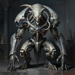 professional concept art symmetrical portrait of a horrendous mechanical predatory species in a dark room by artgerm and greg rutkowski. an intricate, elegant, highly detailed digital painting, cubism, concept art, smooth, sharp focus, illustration, in the style of cam sykes.