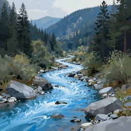 digital painting of a lush river valley by gerald brom. blue river. cold icy day. chiho aoshima. digital render. detailed. beautiful landscape.