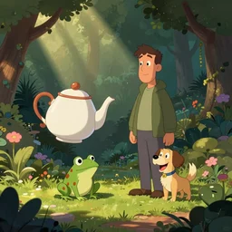 greg and wirt teapot, pet frog pet dog, and a happy dog, over the garden wall cartoon network,