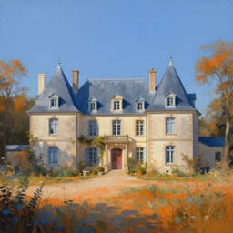 a large serene beautiful matte painting of a delapitaded quaint french country mansion, by asher brown durand and greg rutkowski, featured on artstation, blue and orange color scheme