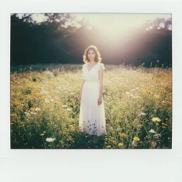 a woman in a long flowing white dress in a field of wildflowers in the afternoon, flash polaroid photo by george hurrell, hazy light rays, golden hour