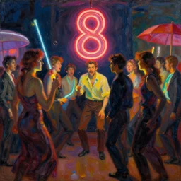 8 0's spring break party, neon light, painting by gaston bussiere, craig mullins, j. c. leyendecker