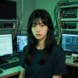 beautiful portrait of lain iwakura, background room full of cables and computers by yoshitoshi abe, ruan jia and joao ruas, atmospheric, green and blue tones