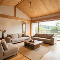 full interior view photo of modern fully furnished japanese livingroom in a luxurious wooden cottage, with enough floral arrangements, ultra realistic, architecture photography by alvar aalto, telephoto lens, canon rf 8 0 0 mm f / 5. 6 l