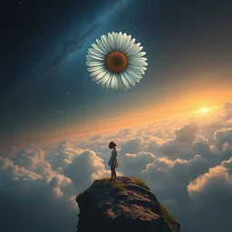 giant white daisy flower crown head, girl standing on cliff, surreal photography, solar eclipse, milky way, dramatic light, impressionist painting, clouds, digital painting, artstation, james gilleard, liam wong, jeremy mann, simon stalenhag