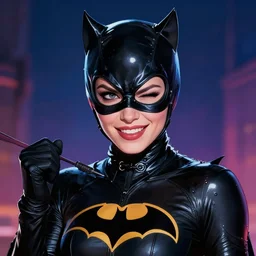 A beautiful portrait of a Daria Strokous as Catwoman from Batman with wink and smile, digital art by Eugene de Blaas and Ross Tran, vibrant color scheme, highly detailed, in the style of cinematic, artstation, Greg rutkowski