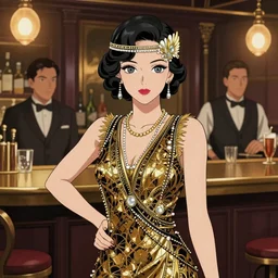 a beautiful woman in 1920\'s flapper style fashion,  speakeasy bar background, 4k, anime key visual, lois van baarle, ilya kuvshinov, rossdraws, artstation