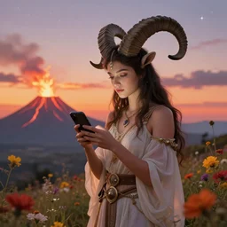 horned ram goddess aries by josephine wall, trending on artstation, checking her phone, erupting volcano in distance, flowers in foreground, sunset, stars in sky, fantasy, zodiac, 8 k