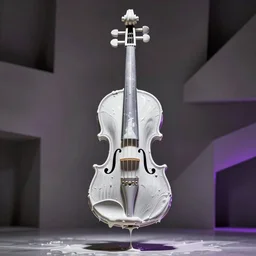 violin suspended in mid - air, covered in thick white dripping wet paint, abstract geometric background, dramatic lighting, subtle purple lighting accents, sculpture, art installation