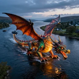 aerial photography, scotland, dragon race, dusk