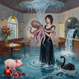 tall female emo artist holding an octopus in a flooded cafe, octopus, water gushing from ceiling, painting of flood waters inside a cafe, a river flooding indoors, pomegranates, pigs, ikebana, water, octopus, river, rapids, waterfall, black swans, canoe, berries, acrylic on canvas, surrealist, by magritte and monet