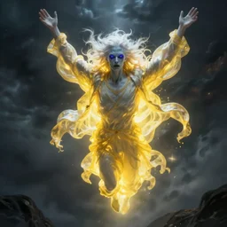 A terrifying blue eyed blond pale white god floating with his arms up, his eyes glowing red, casually dressed, his whole body glowing yellow ominously. Shot from below, photorealistic, ominous and apocalyptic dark sky.