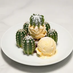 a fine dining dessert plate of spiky cactus and ice cream, sugar sprinkled, raspberry sauce, food photography, michelin star, fine dining, bokeh