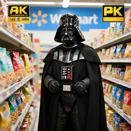 Darth Vader contemplating which brand of cereal to buy while shopping at Walmart, 4k digital art