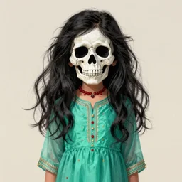little indian girl with long messy black hair wearing a sea green anarkali and a skull mask, creepy and cute artwork made by victoria maderna