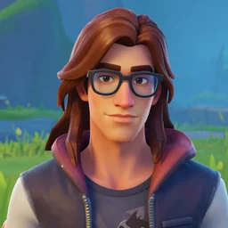 a screenshot of a handsome guy with very long brownish! hair, with nerdy glasses in fortnite